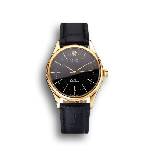 Swiss Rolex Cellini Black Dial Gold Markings Gold Case Black Leather Strap