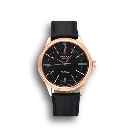 Swiss Rolex Cellini Time Rose Gold Case Black Dial Black Leather Bracelet  622656