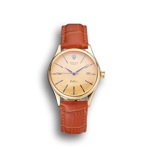 Swiss Rolex Cellini Date Gold Guilloche Dial Gold Case Light Brown Leather Strap