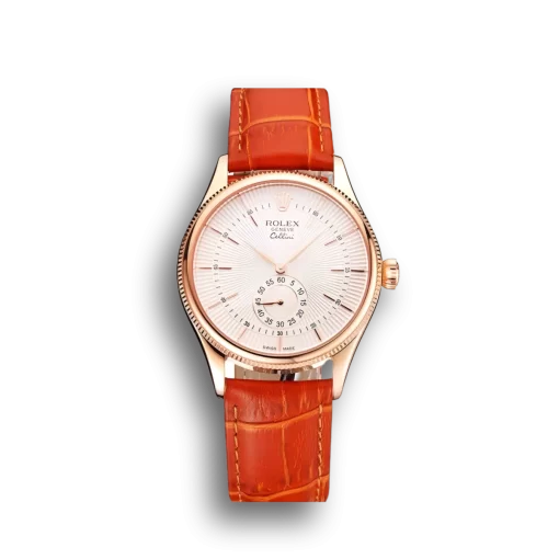 Swiss Rolex Cellini White Dial Rose Gold Case Light Brown Leather Strap