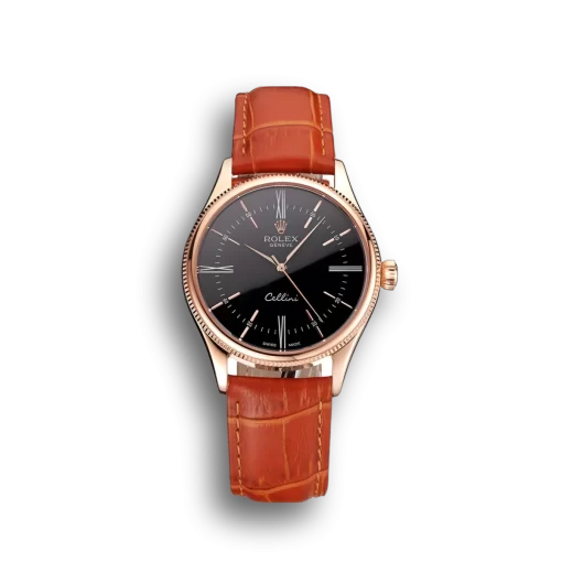 Swiss Rolex Cellini Black Dial Roman Numerals Rose Gold Case Light Brown Leather Strap