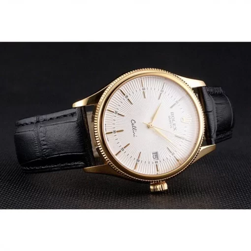 Swiss Rolex Cellini Date White Dial Gold Case Black Leather Strap - 图片 5