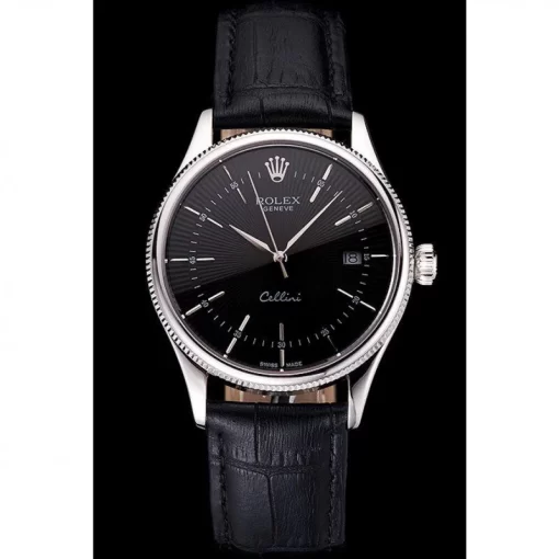 Swiss Rolex Cellini Date Black Dial Stainless Steel Case Black Leather Strap - 图片 2