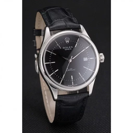 Swiss Rolex Cellini Date Black Dial Stainless Steel Case Black Leather Strap - 图片 3