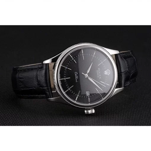 Swiss Rolex Cellini Date Black Dial Stainless Steel Case Black Leather Strap - 图片 4