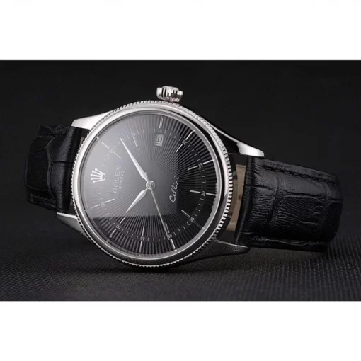 Swiss Rolex Cellini Date Black Dial Stainless Steel Case Black Leather Strap - 图片 5