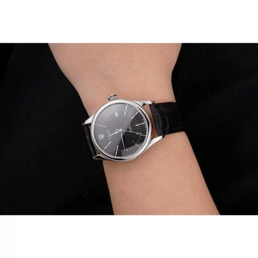 Swiss Rolex Cellini Date Black Dial Stainless Steel Case Black Leather Strap - 图片 10