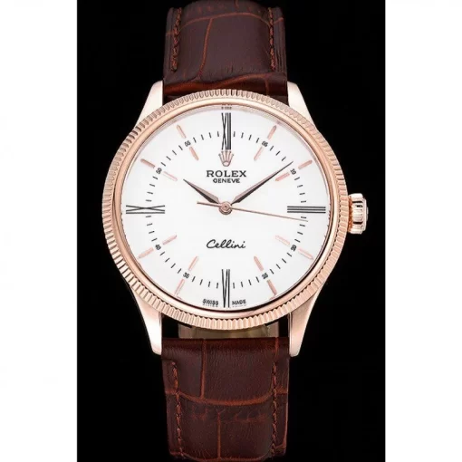 Swiss Rolex Cellini Time Gold Case White Dial Brown Leather Bracelet  622655 - 图片 2