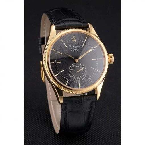 Swiss Rolex Cellini Black Dial Gold Case Black Leather Strap - 图片 3
