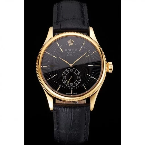 Swiss Rolex Cellini Black Dial Gold Case Black Leather Strap - 图片 2
