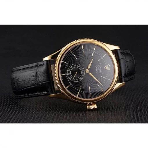 Swiss Rolex Cellini Black Dial Gold Case Black Leather Strap - 图片 4