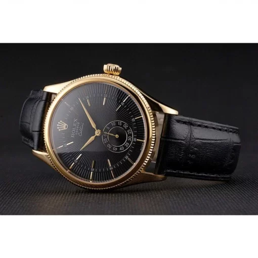 Swiss Rolex Cellini Black Dial Gold Case Black Leather Strap - 图片 5
