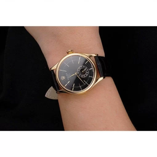 Swiss Rolex Cellini Black Dial Gold Case Black Leather Strap - 图片 10