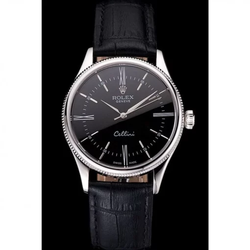Swiss Rolex Cellini Black Dial Roman Numerals Stainless Steel Case Black Leather Strap - 图片 2