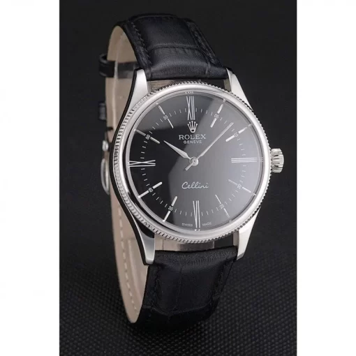 Swiss Rolex Cellini Black Dial Roman Numerals Stainless Steel Case Black Leather Strap - 图片 3