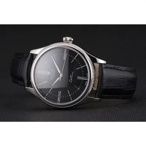 Swiss Rolex Cellini Black Dial Roman Numerals Stainless Steel Case Black Leather Strap - 图片 4