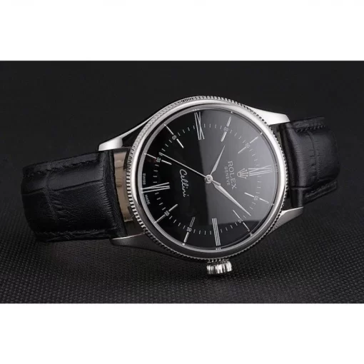 Swiss Rolex Cellini Black Dial Roman Numerals Stainless Steel Case Black Leather Strap - 图片 5