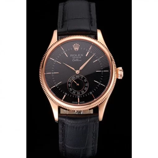 Swiss Rolex Cellini Black Dial Rose Gold Case Black Leather Strap - 图片 2