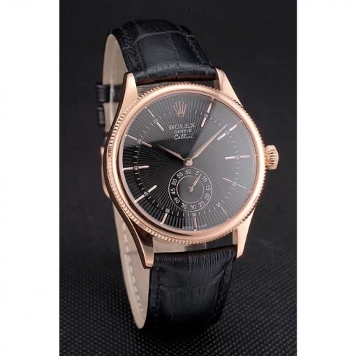 Swiss Rolex Cellini Black Dial Rose Gold Case Black Leather Strap - 图片 3