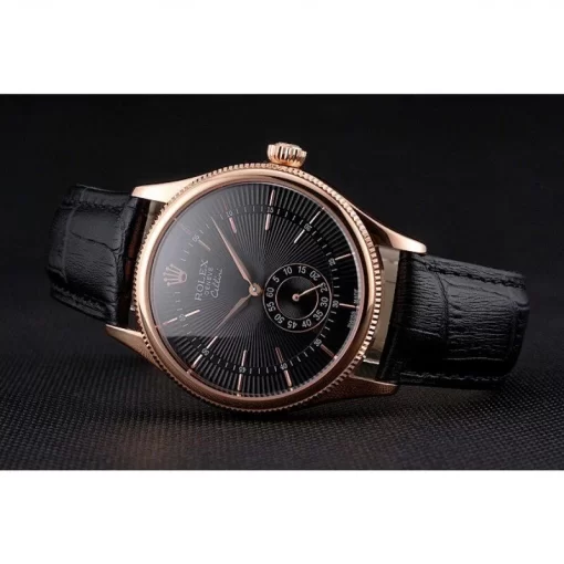 Swiss Rolex Cellini Black Dial Rose Gold Case Black Leather Strap - 图片 5
