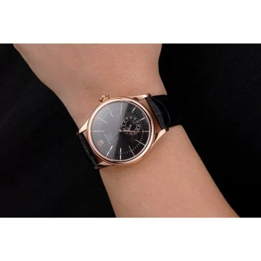 Swiss Rolex Cellini Black Dial Rose Gold Case Black Leather Strap - 图片 10
