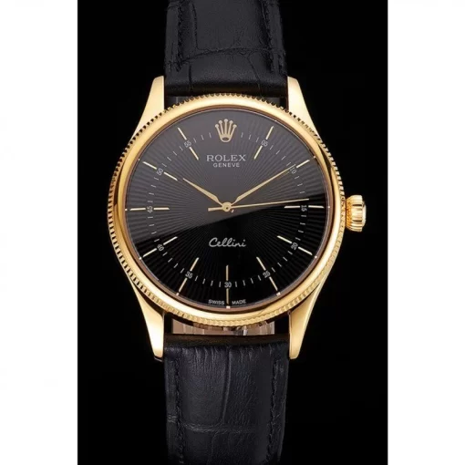 Swiss Rolex Cellini Black Dial Gold Markings Gold Case Black Leather Strap - 图片 2
