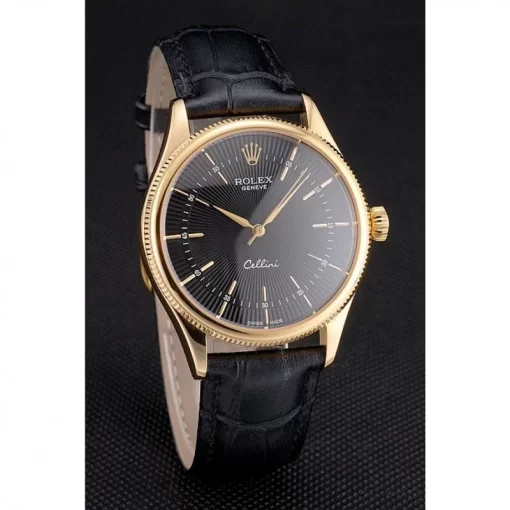 Swiss Rolex Cellini Black Dial Gold Markings Gold Case Black Leather Strap - 图片 3