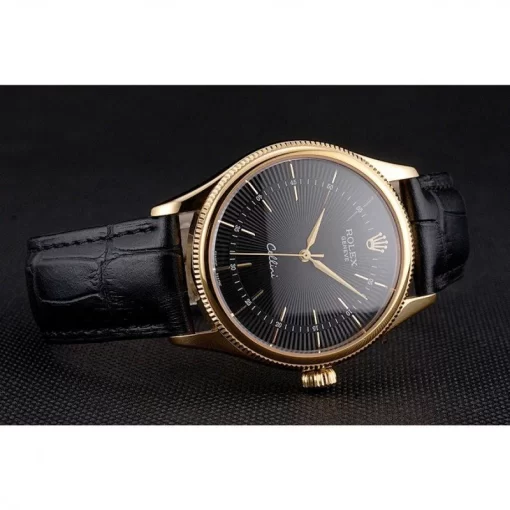 Swiss Rolex Cellini Black Dial Gold Markings Gold Case Black Leather Strap - 图片 4