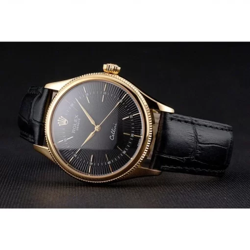 Swiss Rolex Cellini Black Dial Gold Markings Gold Case Black Leather Strap - 图片 5