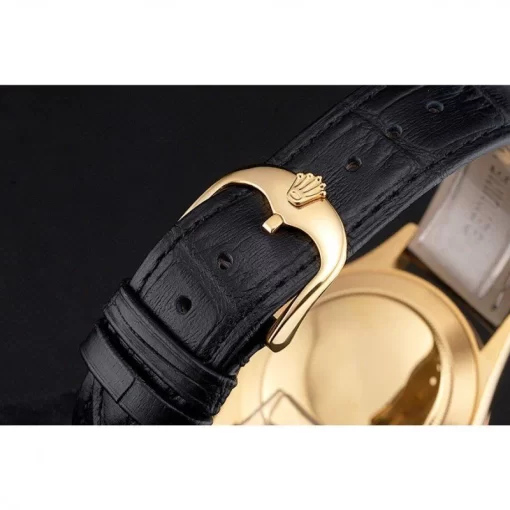 Swiss Rolex Cellini Black Dial Gold Markings Gold Case Black Leather Strap - 图片 6