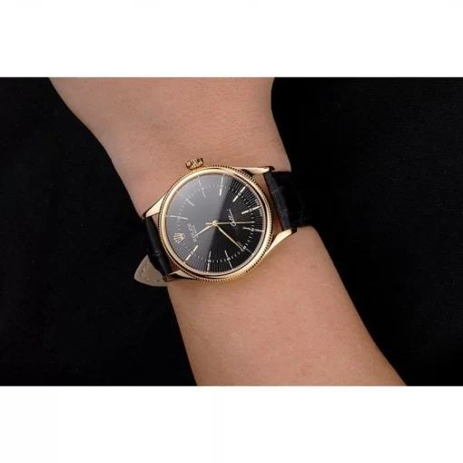 Swiss Rolex Cellini Black Dial Gold Markings Gold Case Black Leather Strap - 图片 10