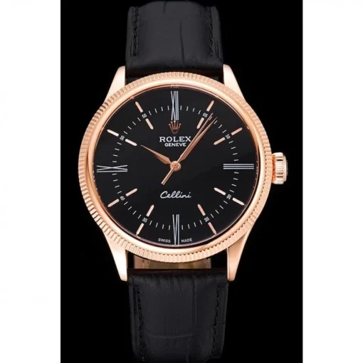 Swiss Rolex Cellini Time Rose Gold Case Black Dial Black Leather Bracelet  622656 - 图片 2