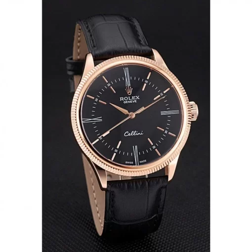 Swiss Rolex Cellini Time Rose Gold Case Black Dial Black Leather Bracelet  622656 - 图片 3
