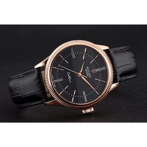 Swiss Rolex Cellini Time Rose Gold Case Black Dial Black Leather Bracelet  622656 - 图片 4