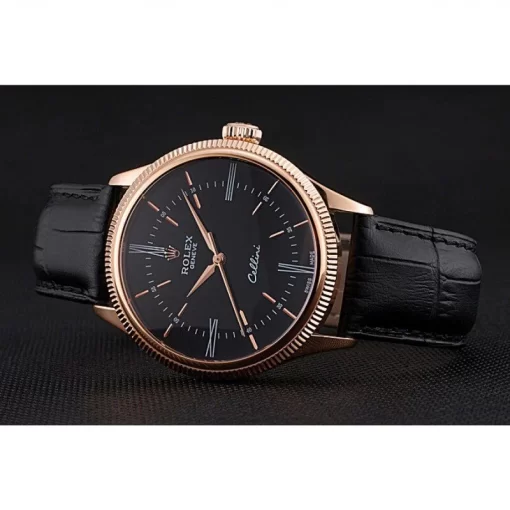 Swiss Rolex Cellini Time Rose Gold Case Black Dial Black Leather Bracelet  622656 - 图片 5