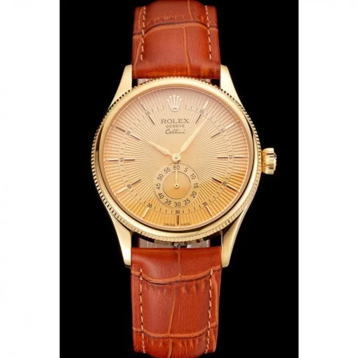Swiss Rolex Cellini Gold Dial Gold Case Light Brown Leather Strap - 图片 2