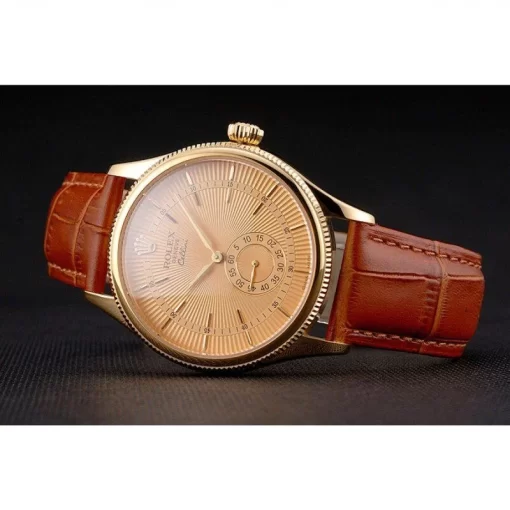 Swiss Rolex Cellini Gold Dial Gold Case Light Brown Leather Strap - 图片 5