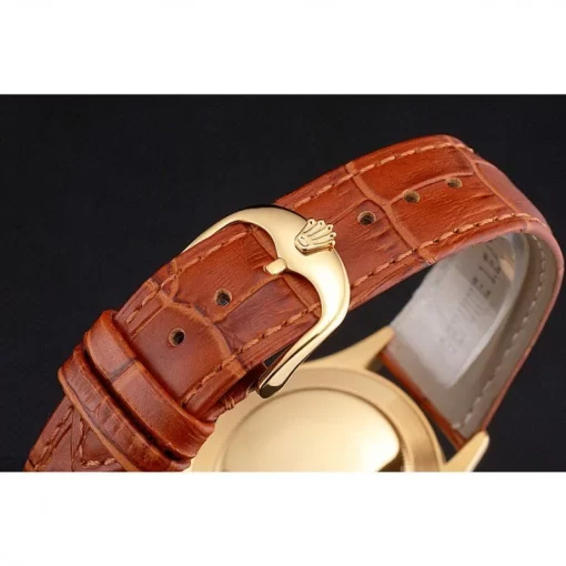 Swiss Rolex Cellini Gold Dial Gold Case Light Brown Leather Strap - 图片 6