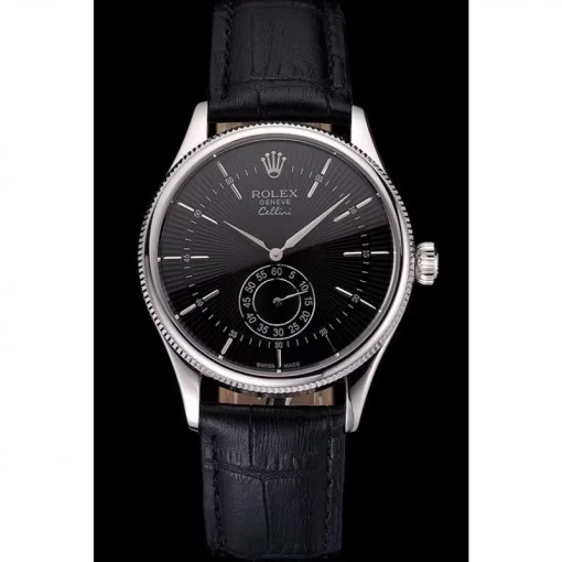 Swiss Rolex Cellini Black Dial Stainless Steel Case Black Leather Strap - 图片 2