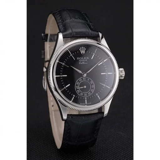 Swiss Rolex Cellini Black Dial Stainless Steel Case Black Leather Strap - 图片 3