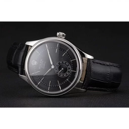 Swiss Rolex Cellini Black Dial Stainless Steel Case Black Leather Strap - 图片 4