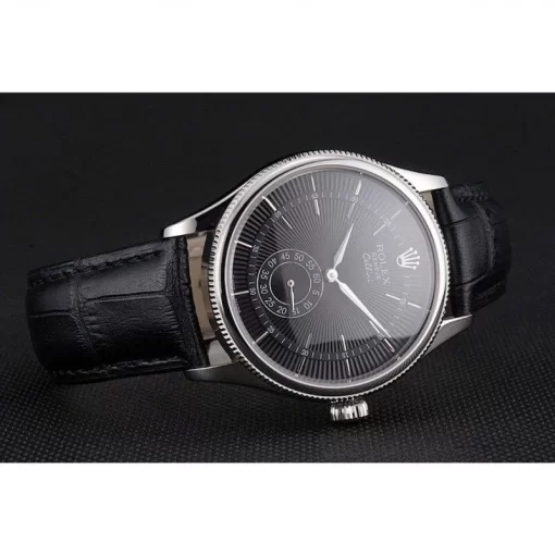 Swiss Rolex Cellini Black Dial Stainless Steel Case Black Leather Strap - 图片 5