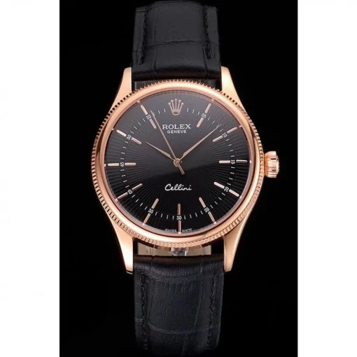 Swiss Rolex Cellini Black Dial Rose Gold Markings Rose Gold Case Black Leather Strap - 图片 2