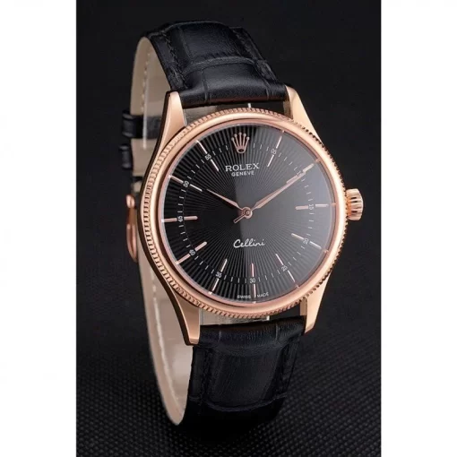 Swiss Rolex Cellini Black Dial Rose Gold Markings Rose Gold Case Black Leather Strap - 图片 3