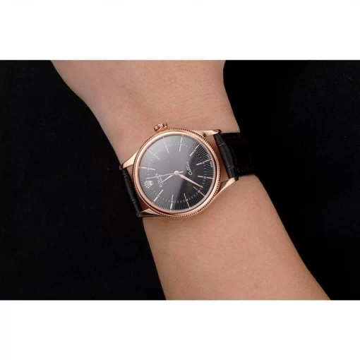Swiss Rolex Cellini Black Dial Rose Gold Markings Rose Gold Case Black Leather Strap - 图片 10