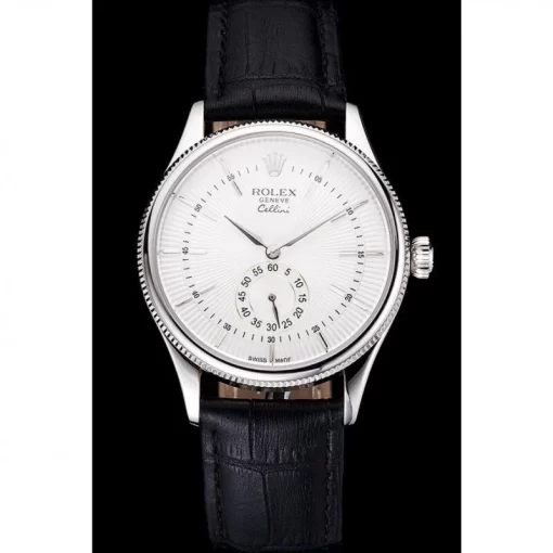 Swiss Rolex Cellini White Dial Stainless Steel Case Black Leather Strap - 图片 2