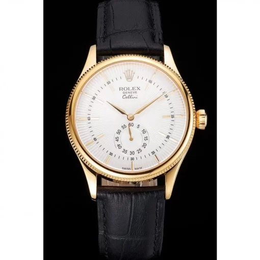 Swiss Rolex Cellini White Dial Gold Case Black Leather Strap - 图片 2