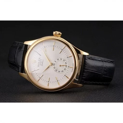 Swiss Rolex Cellini White Dial Gold Case Black Leather Strap - 图片 4