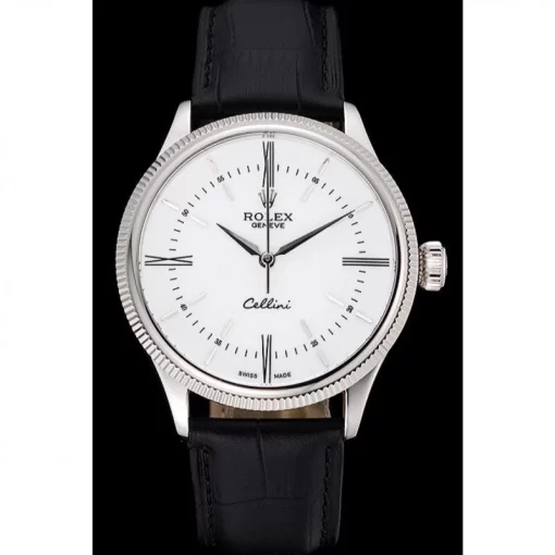 Swiss Rolex Cellini Time Silver Case White Dial Black Leather Bracelet  622653 - 图片 2