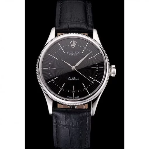 Swiss Rolex Cellini Black Dial Steel Case Black Leather Strap - 图片 2